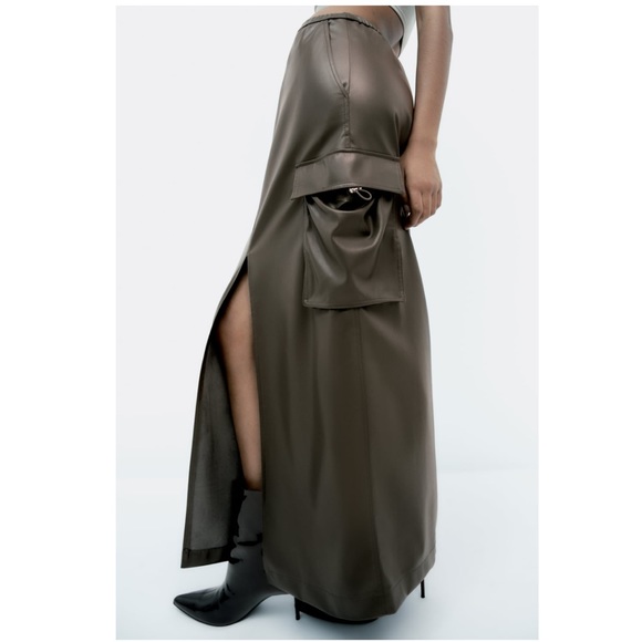 NWT Zara Woman Faux Leather Cargo Khaki Green Bloggers Fav Skirt Size S Small - Picture 3 of 14